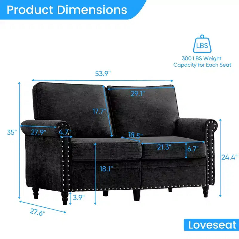 Canapé 3 places moderne en tissu chenille Mjkone/Canapé causeuse/Fauteuil simple avec design à rivets, Canapé de salon