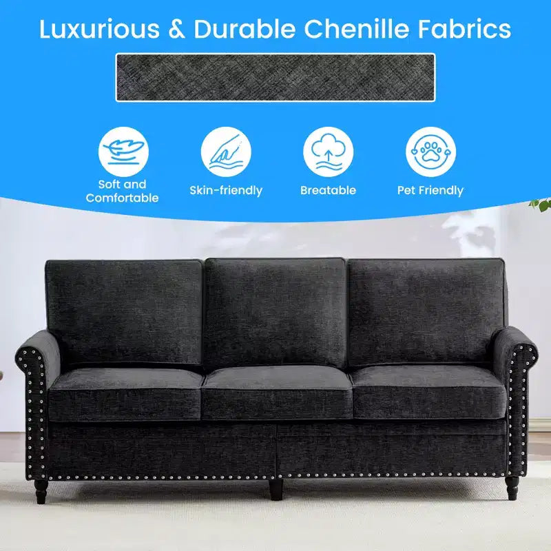 Canapé 3 places moderne en tissu chenille Mjkone/Canapé causeuse/Fauteuil simple avec design à rivets, Canapé de salon