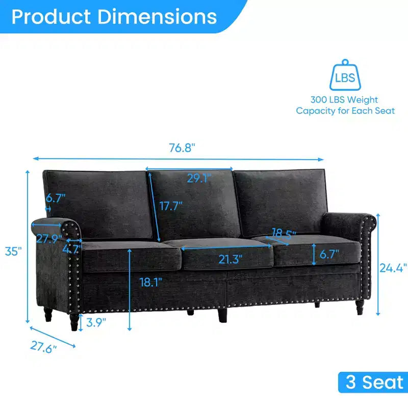 Canapé 3 places moderne en tissu chenille Mjkone/Canapé causeuse/Fauteuil simple avec design à rivets, Canapé de salon
