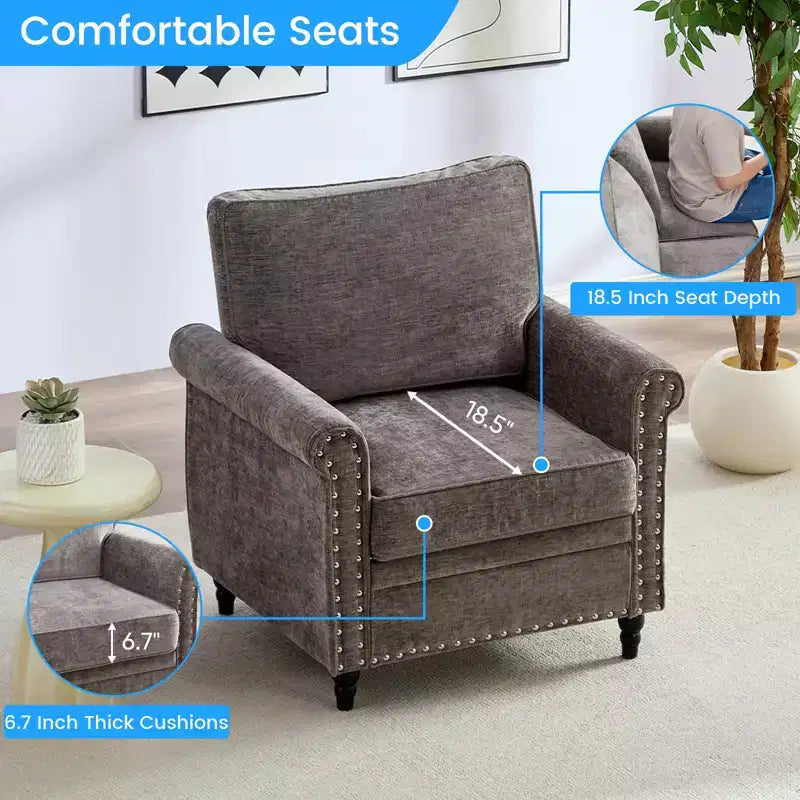 Canapé 3 places moderne en tissu chenille Mjkone/Canapé causeuse/Fauteuil simple avec design à rivets, Canapé de salon
