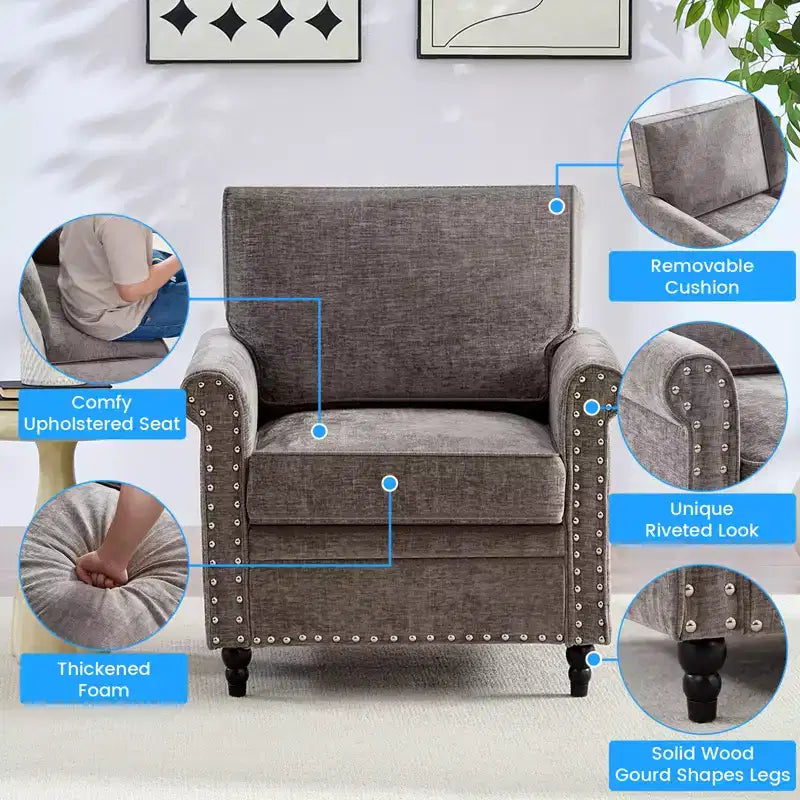 Canapé 3 places moderne en tissu chenille Mjkone/Canapé causeuse/Fauteuil simple avec design à rivets, Canapé de salon
