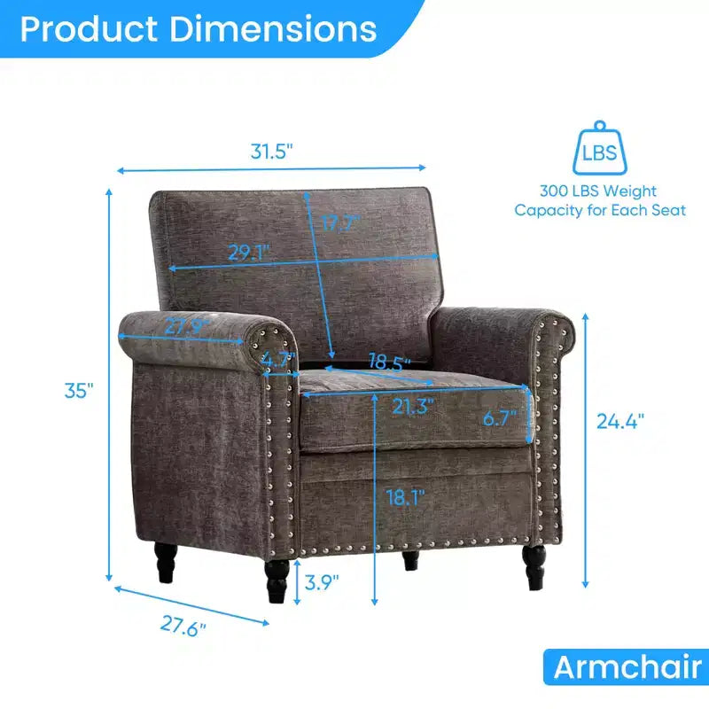 Canapé 3 places moderne en tissu chenille Mjkone/Canapé causeuse/Fauteuil simple avec design à rivets, Canapé de salon