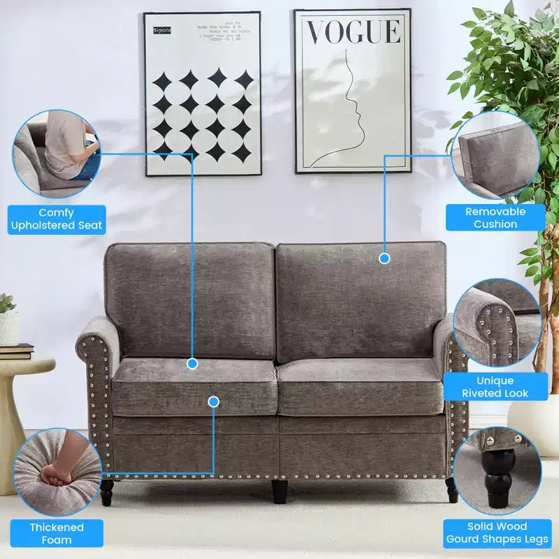 Canapé 3 places moderne en tissu chenille Mjkone/Canapé causeuse/Fauteuil simple avec design à rivets, Canapé de salon
