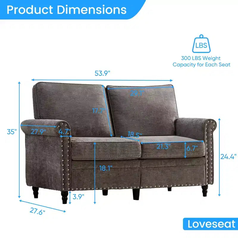 Canapé 3 places moderne en tissu chenille Mjkone/Canapé causeuse/Fauteuil simple avec design à rivets, Canapé de salon