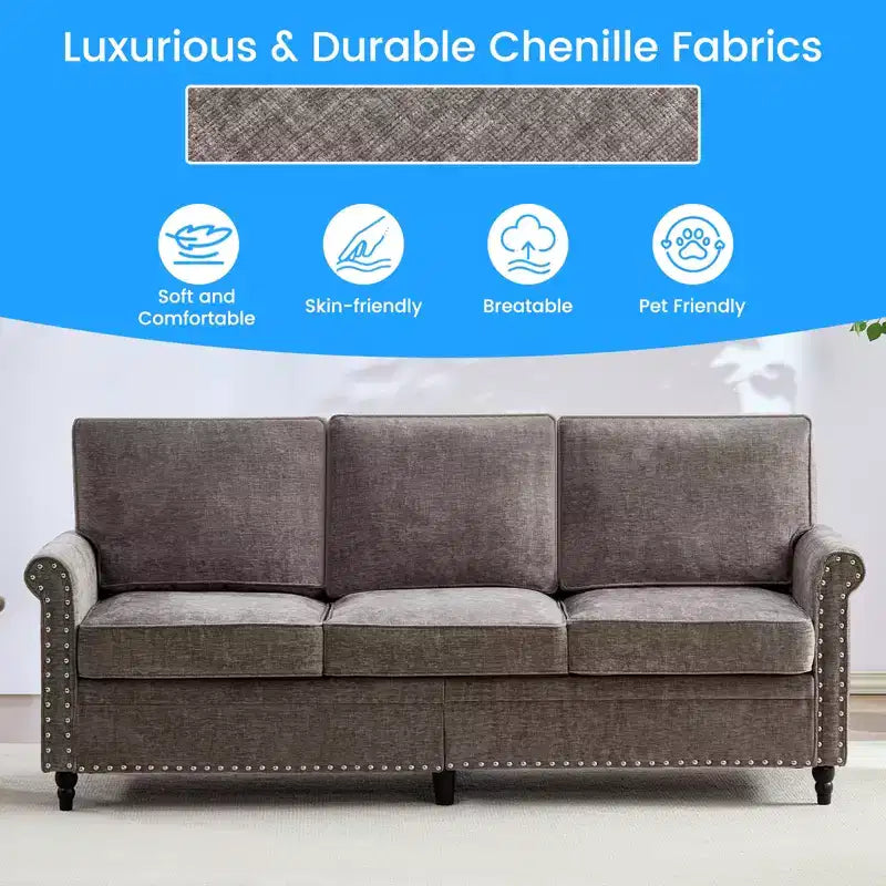 Canapé 3 places moderne en tissu chenille Mjkone/Canapé causeuse/Fauteuil simple avec design à rivets, Canapé de salon