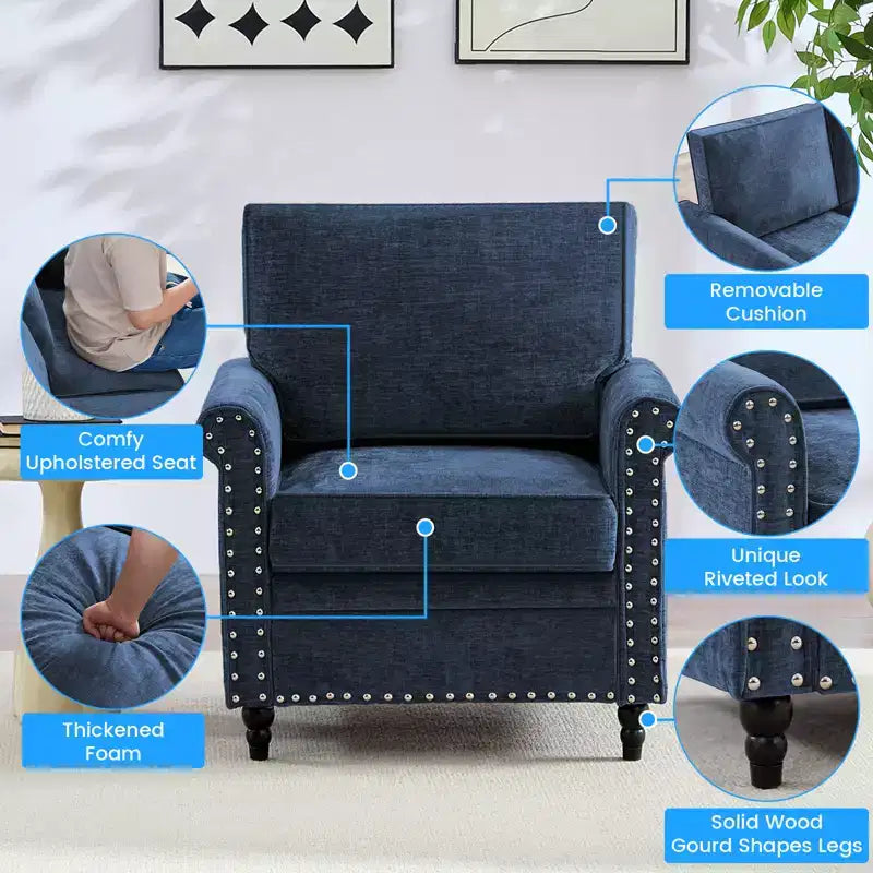 Canapé 3 places moderne en tissu chenille Mjkone/Canapé causeuse/Fauteuil simple avec design à rivets, Canapé de salon