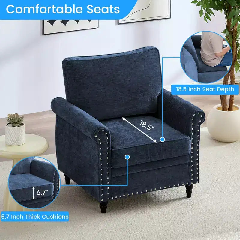 Canapé 3 places moderne en tissu chenille Mjkone/Canapé causeuse/Fauteuil simple avec design à rivets, Canapé de salon