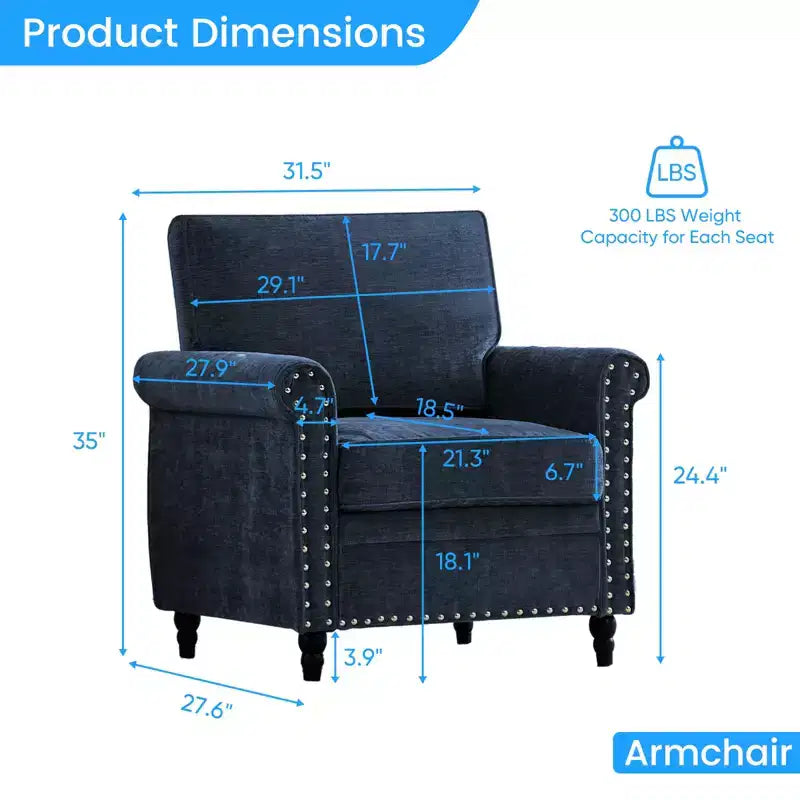 Canapé 3 places moderne en tissu chenille Mjkone/Canapé causeuse/Fauteuil simple avec design à rivets, Canapé de salon
