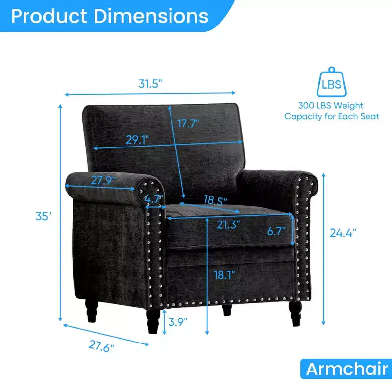 Canapé 3 places moderne en tissu chenille Mjkone/Canapé causeuse/Fauteuil simple avec design à rivets, Canapé de salon