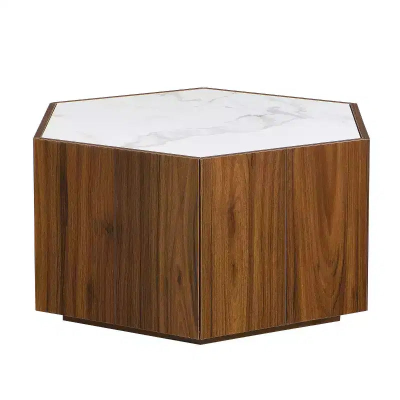 Table basse hexagonale moderne avec plateau en faux marbre et tiroirs de rangement cachés, table de salon - Panipeachy