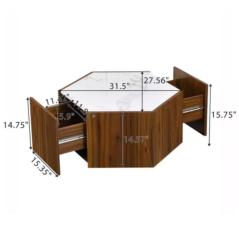 Table basse hexagonale moderne avec plateau en faux marbre et tiroirs de rangement cachés, table de salon - Panipeachy