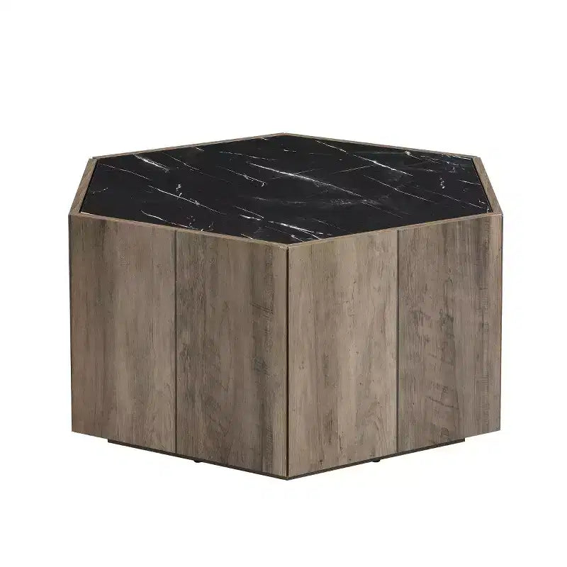 Table basse hexagonale moderne avec plateau en faux marbre et tiroirs de rangement cachés, table de salon - Panipeachy