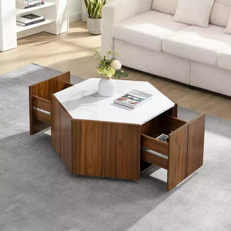Table basse hexagonale moderne avec plateau en faux marbre et tiroirs de rangement cachés, table de salon - Panipeachy