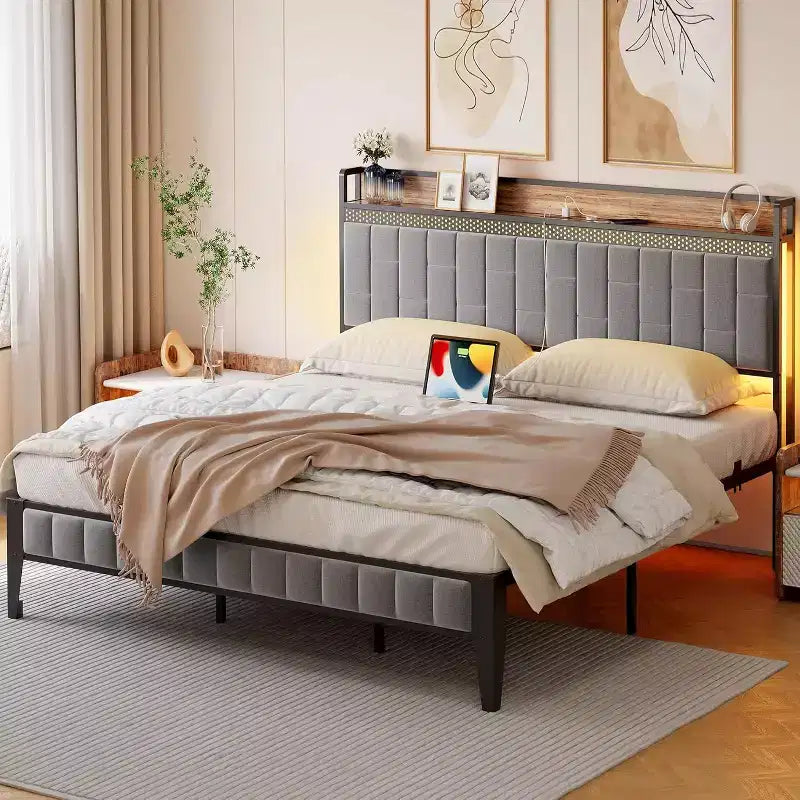 Cadre de lit double rembourré en lin, lit plateforme avec tête de lit de rangement, pas besoin de sommier tapissier, gris