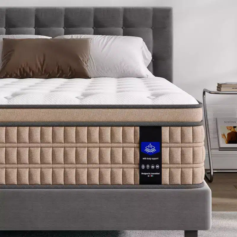 Matelas hybride King Whisen 14, matelas en mousse à mémoire de forme, ressorts ensachés, sans fibre de verre - Beige et Blanc