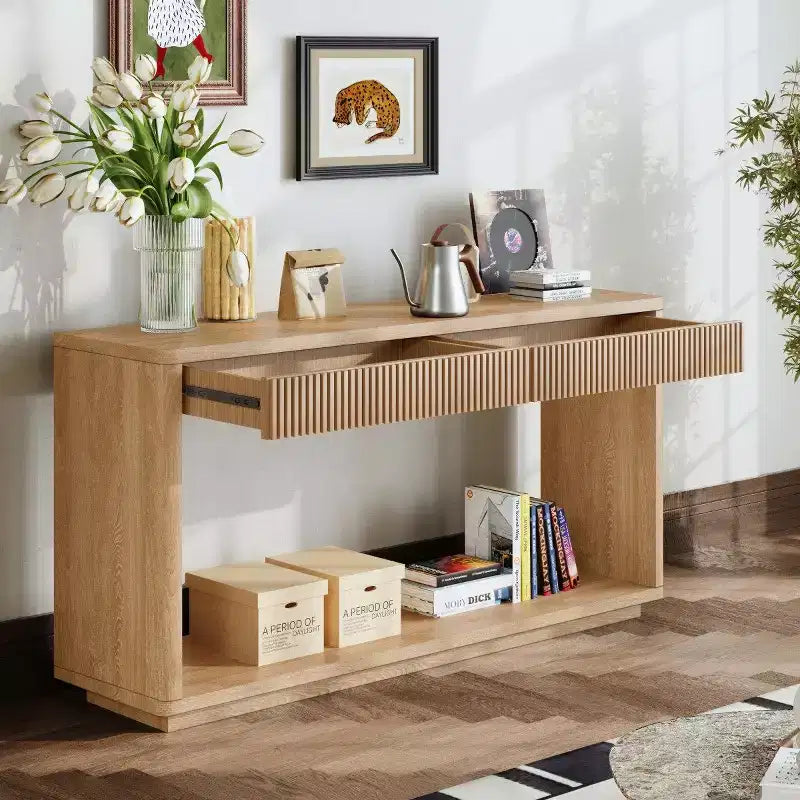 Console d'entrée de ferme de 60 po avec 2 tiroirs cannelés et étagère, table de couloir en placage de bois pour le salon - Panipeachy