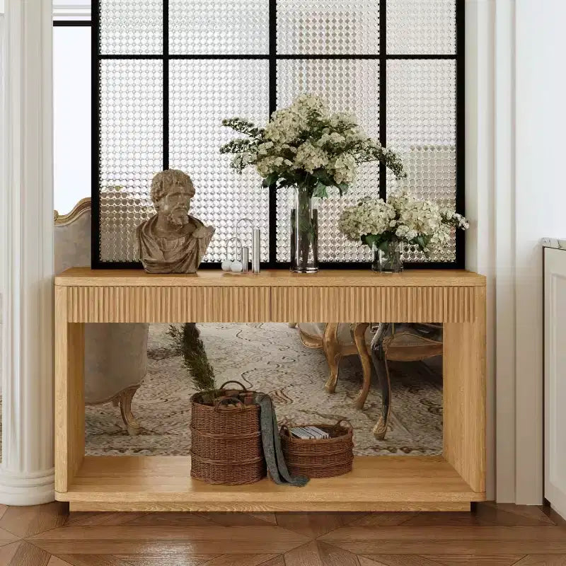Console d'entrée de ferme de 60 po avec 2 tiroirs cannelés et étagère, table de couloir en placage de bois pour le salon - Panipeachy