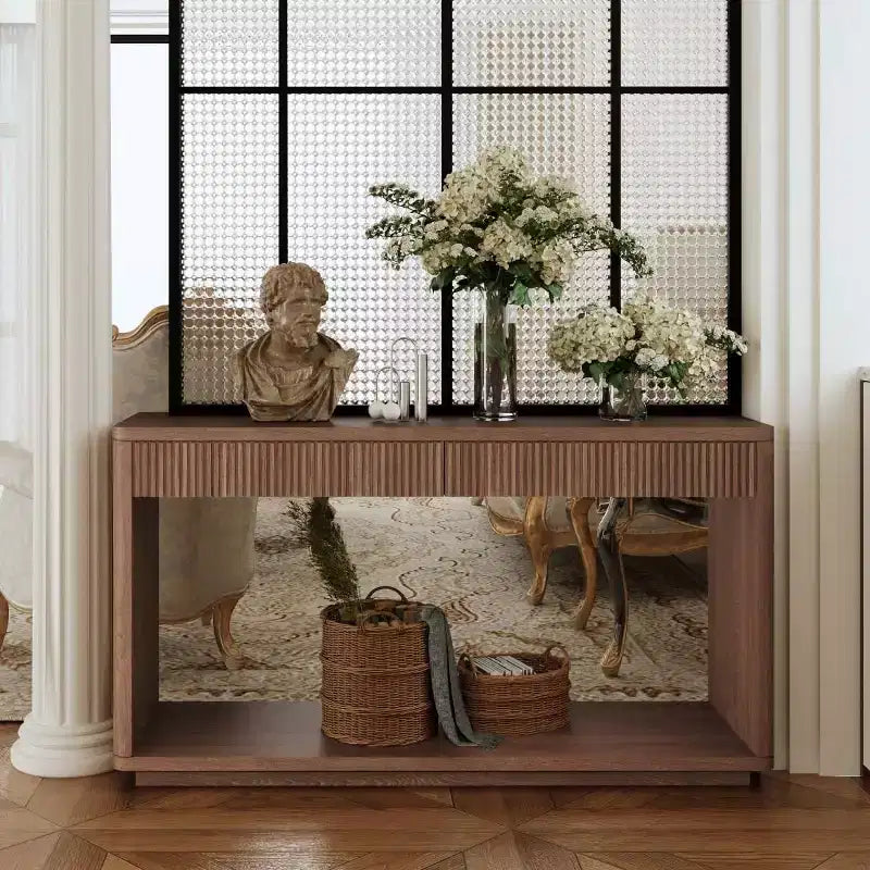 Console d'entrée de ferme de 60 po avec 2 tiroirs cannelés et étagère, table de couloir en placage de bois pour le salon - Panipeachy