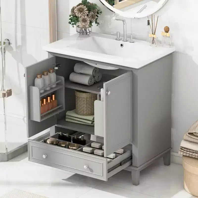 MAYEERTY Meuble-lavabo de salle de bain 30 po sans évier, portes d'armoire multifonctionnelles, tiroir, cadre solide en MDF noir