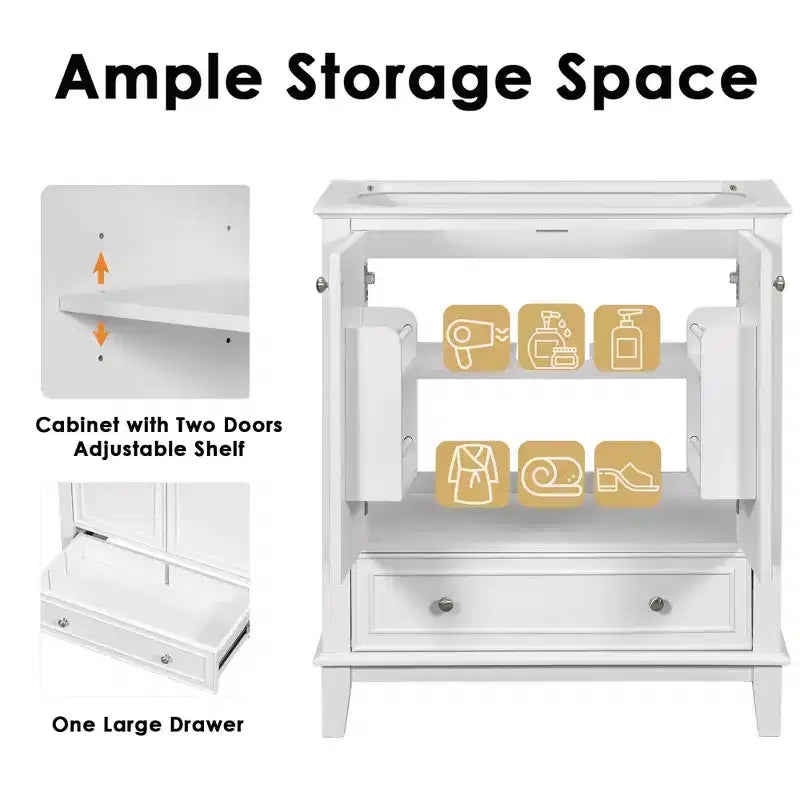 MAYEERTY Meuble-lavabo de salle de bain 30 po sans évier, portes d'armoire multifonctionnelles, tiroir, cadre solide en MDF noir