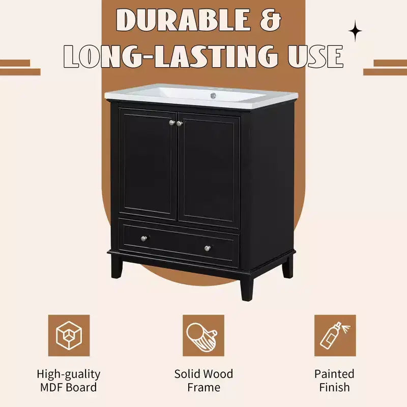 MAYEERTY Meuble-lavabo de salle de bain 30 po sans évier, portes d'armoire multifonctionnelles, tiroir, cadre solide en MDF noir