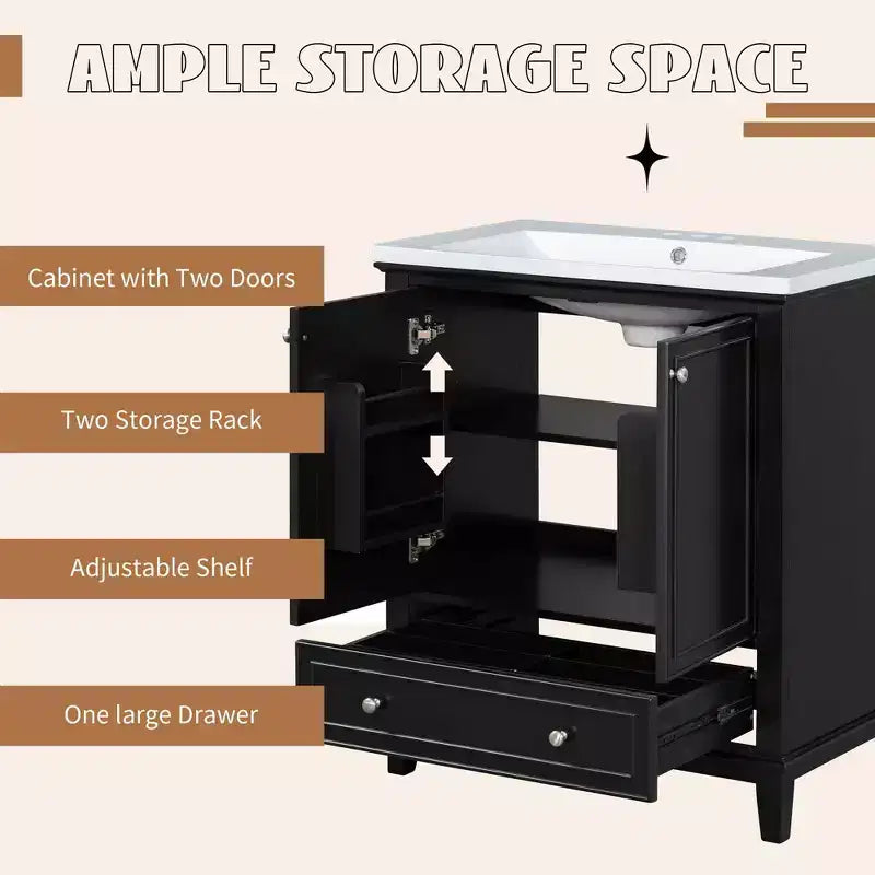 MAYEERTY Meuble-lavabo de salle de bain 30 po sans évier, portes d'armoire multifonctionnelles, tiroir, cadre solide en MDF noir