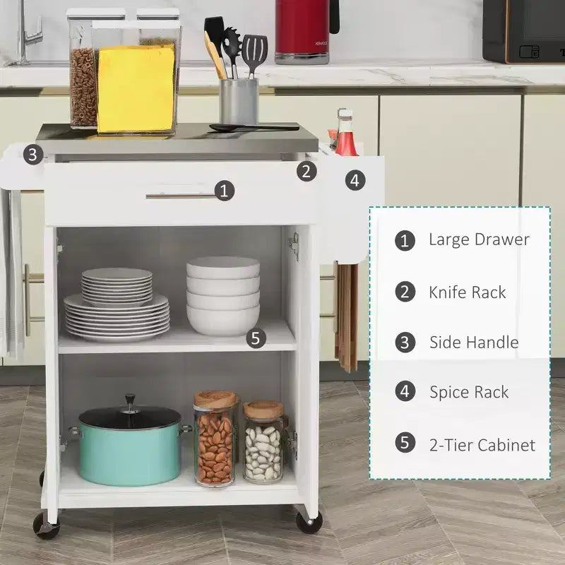 Îlot de cuisine sur roulettes, Desserte de cuisine roulante avec comptoir en acier inoxydable, tiroir, porte-serviettes et porte-épices, Chariot de rangement utilitaire