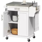 Îlot de cuisine sur roulettes, Desserte de cuisine roulante avec comptoir en acier inoxydable, tiroir, porte-serviettes et porte-épices, Chariot de rangement utilitaire