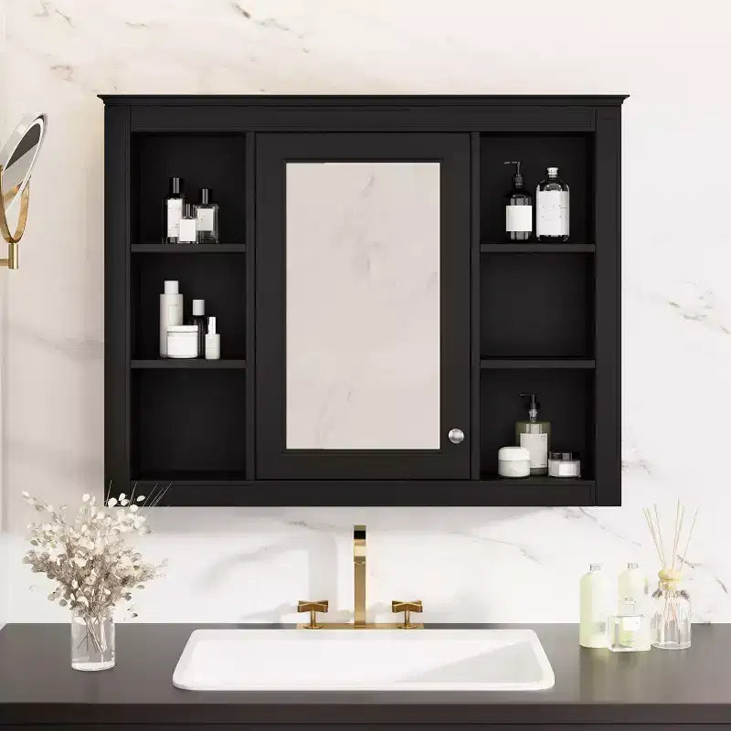 MAYEERTY 27.5 Medicine Cabinet, Wall Mounted Bathroom Storage Cabinet with Mirror 6 Open Shelves Modern Black