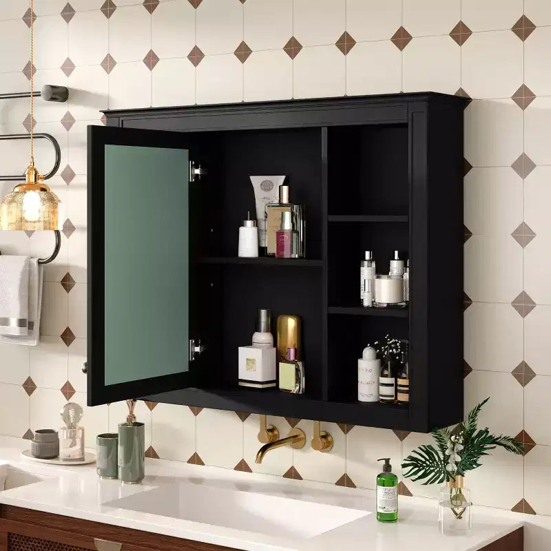 MAYEERTY 27.5 Medicine Cabinet, Wall Mounted Bathroom Storage Cabinet with Mirror 6 Open Shelves Modern Black