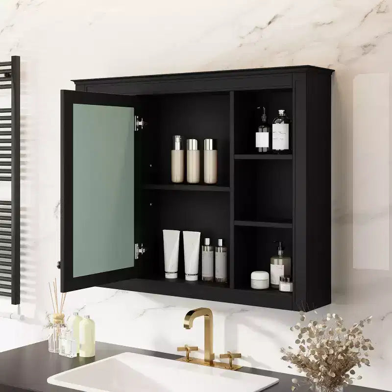 MAYEERTY 27.5 Medicine Cabinet, Wall Mounted Bathroom Storage Cabinet with Mirror 6 Open Shelves Modern Black