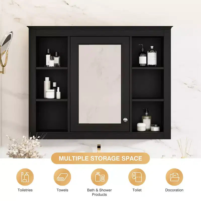 MAYEERTY 27.5 Medicine Cabinet, Wall Mounted Bathroom Storage Cabinet with Mirror 6 Open Shelves Modern Black