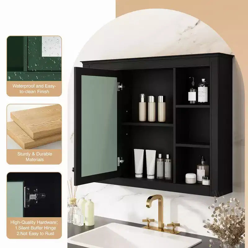 MAYEERTY 27.5 Medicine Cabinet, Wall Mounted Bathroom Storage Cabinet with Mirror 6 Open Shelves Modern Black