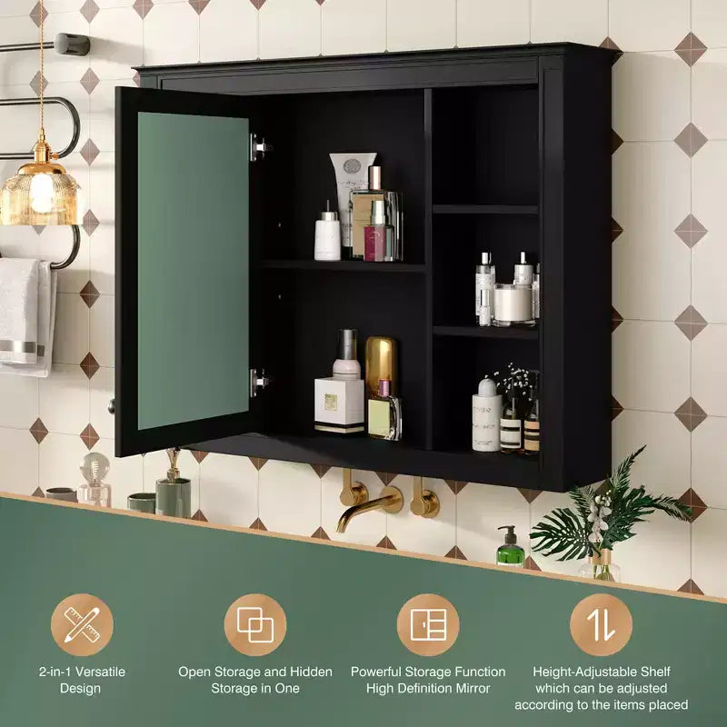 MAYEERTY 27.5 Medicine Cabinet, Wall Mounted Bathroom Storage Cabinet with Mirror 6 Open Shelves Modern Black