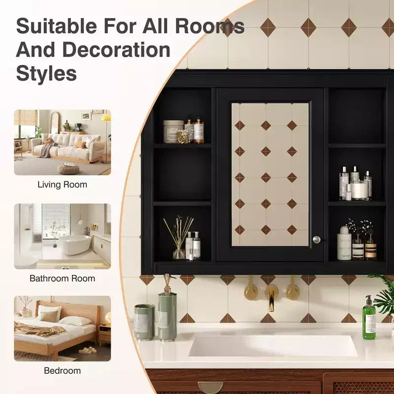MAYEERTY 27.5 Medicine Cabinet, Wall Mounted Bathroom Storage Cabinet with Mirror 6 Open Shelves Modern Black