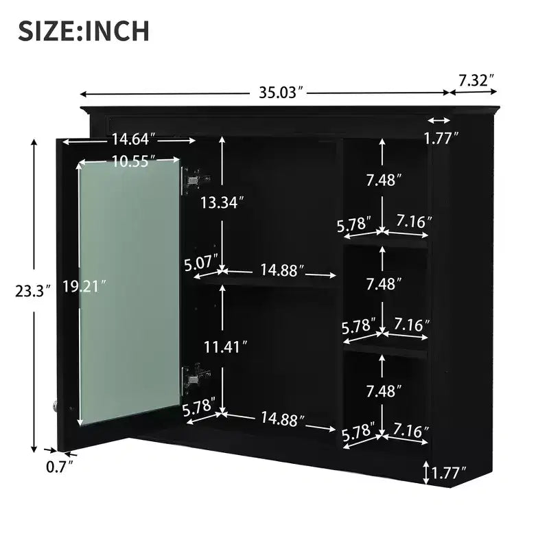 MAYEERTY 27.5 Medicine Cabinet, Wall Mounted Bathroom Storage Cabinet with Mirror 6 Open Shelves Modern Black
