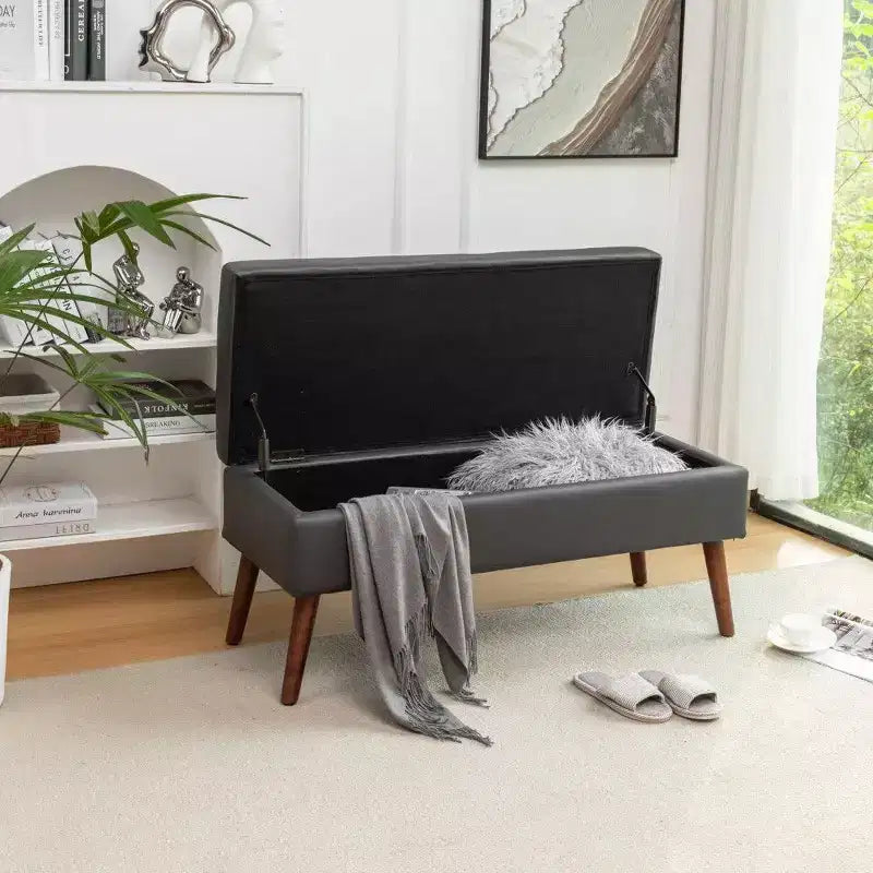 TUYOHW Banc de rangement rectangulaire, banc de bout de lit avec pieds en bois massif, ottoman en cuir PU pour salon, chambre, entrée