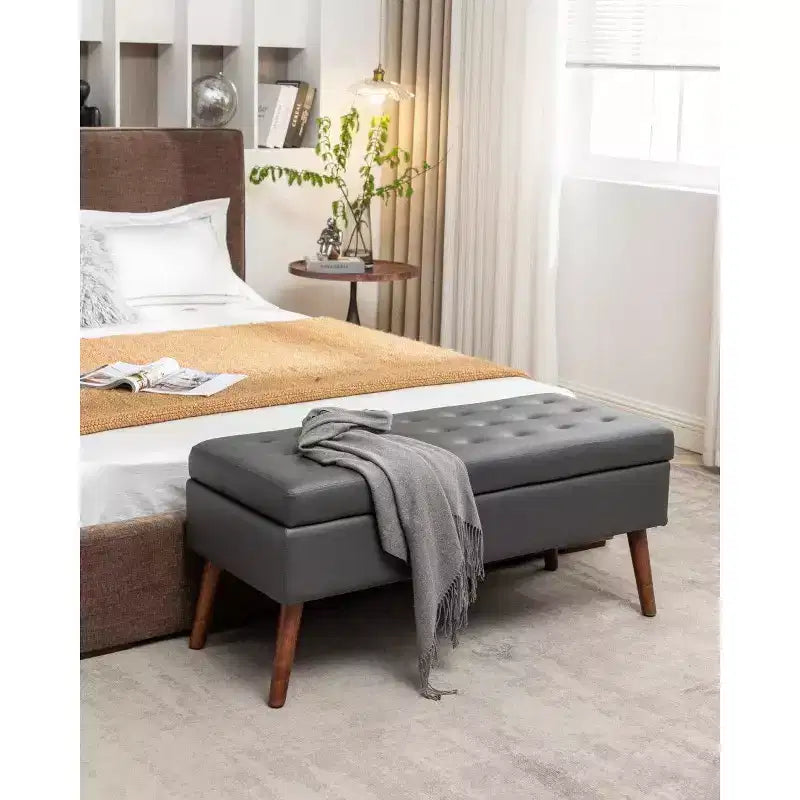 TUYOHW Banc de rangement rectangulaire, banc de bout de lit avec pieds en bois massif, ottoman en cuir PU pour salon, chambre, entrée