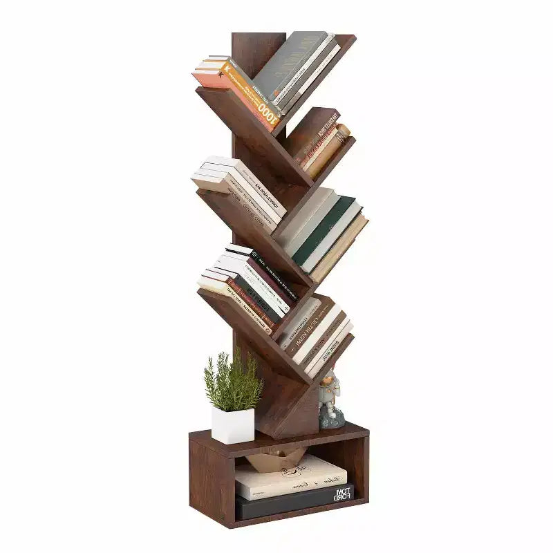 FDW 7 Tier Tree Bookshelf Rustic Brown Floor Standing Bookcase with Storage Cabinet, Tall Narrow Bookshelves Organizer for Bedroom Living Room Office