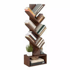 FDW 7 Tier Tree Bookshelf Rustic Brown Floor Standing Bookcase with Storage Cabinet, Tall Narrow Bookshelves Organizer for Bedroom Living Room Office