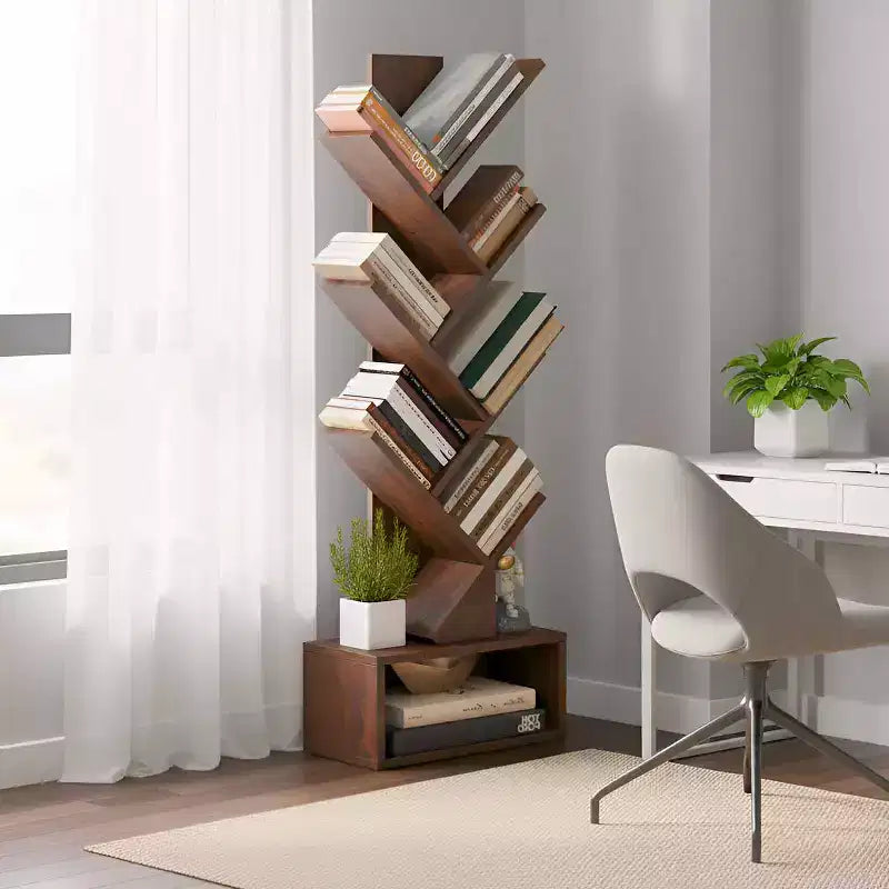 FDW Étagère à Livres Arbre à 7 Niveaux Marron Rustique Bibliothèque sur Pied avec Armoire de Rangement, Organisateur d'Étagères Hautes et Étroites pour Chambre Salon Bureau