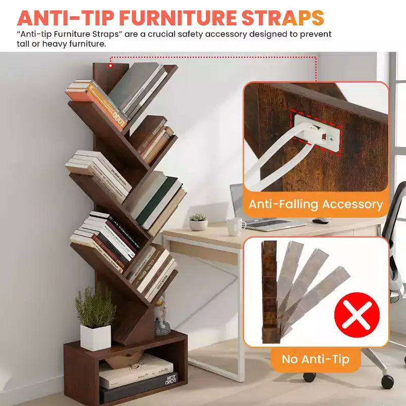 FDW Étagère à Livres Arbre à 7 Niveaux Marron Rustique Bibliothèque sur Pied avec Armoire de Rangement, Organisateur d'Étagères Hautes et Étroites pour Chambre Salon Bureau