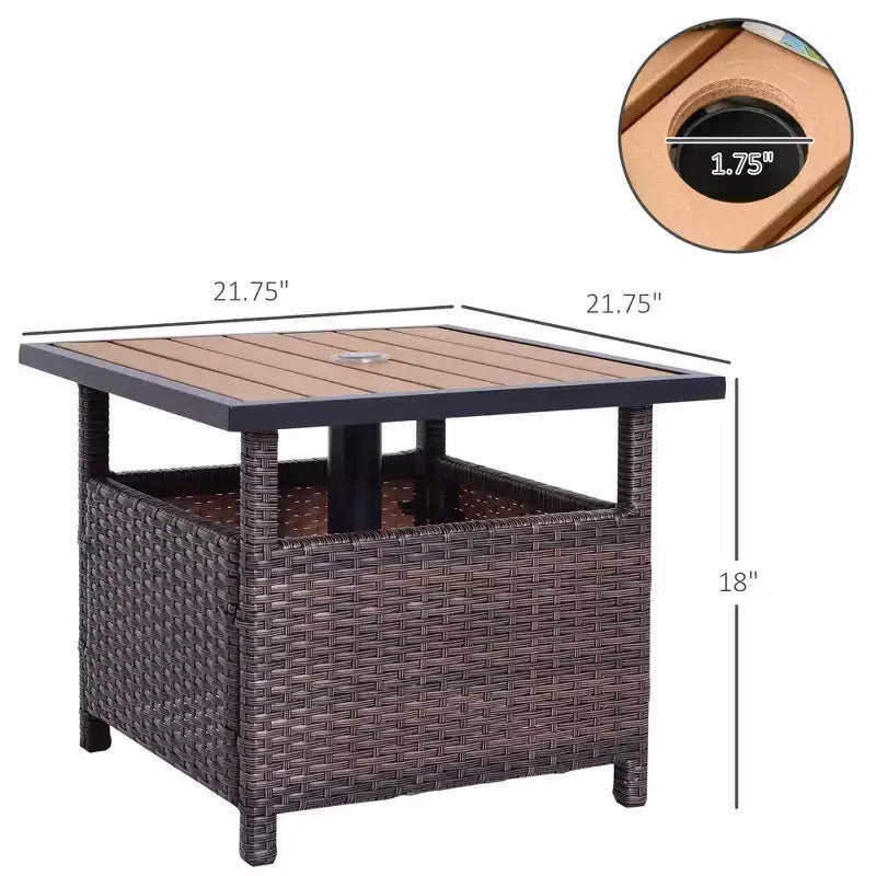 Table d'appoint extérieure de 56 cm avec trou pour parasol, table d'appoint en rotin osier avec sac de sable et cadre en acier pour extérieur, patio, jardin