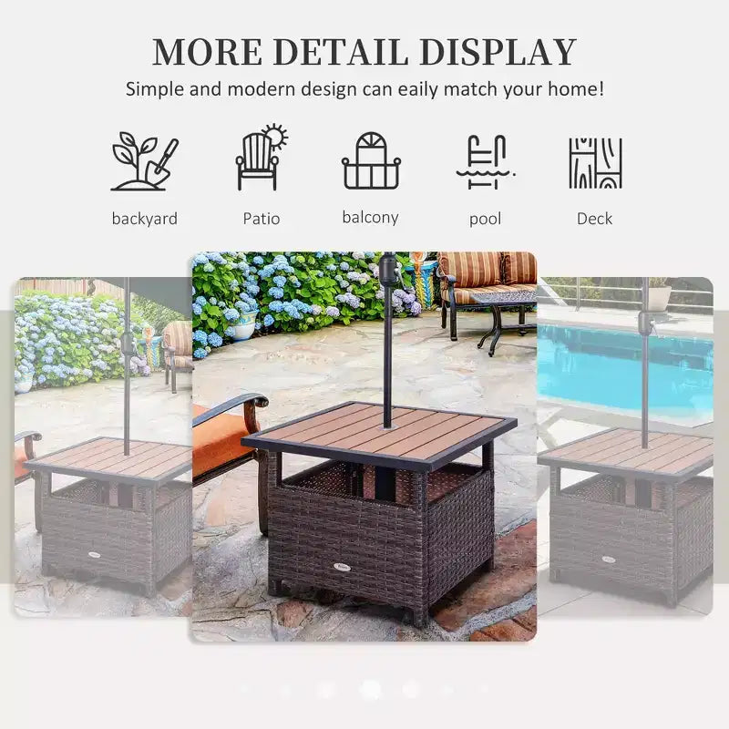 Table d'appoint extérieure de 56 cm avec trou pour parasol, table d'appoint en rotin osier avec sac de sable et cadre en acier pour extérieur, patio, jardin