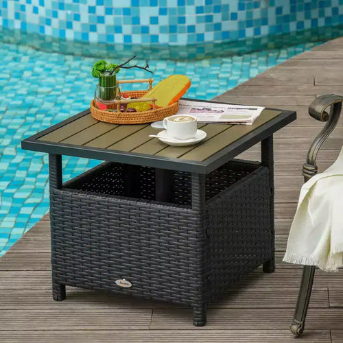 Table d'appoint extérieure de 56 cm avec trou pour parasol, table d'appoint en rotin osier avec sac de sable et cadre en acier pour extérieur, patio, jardin
