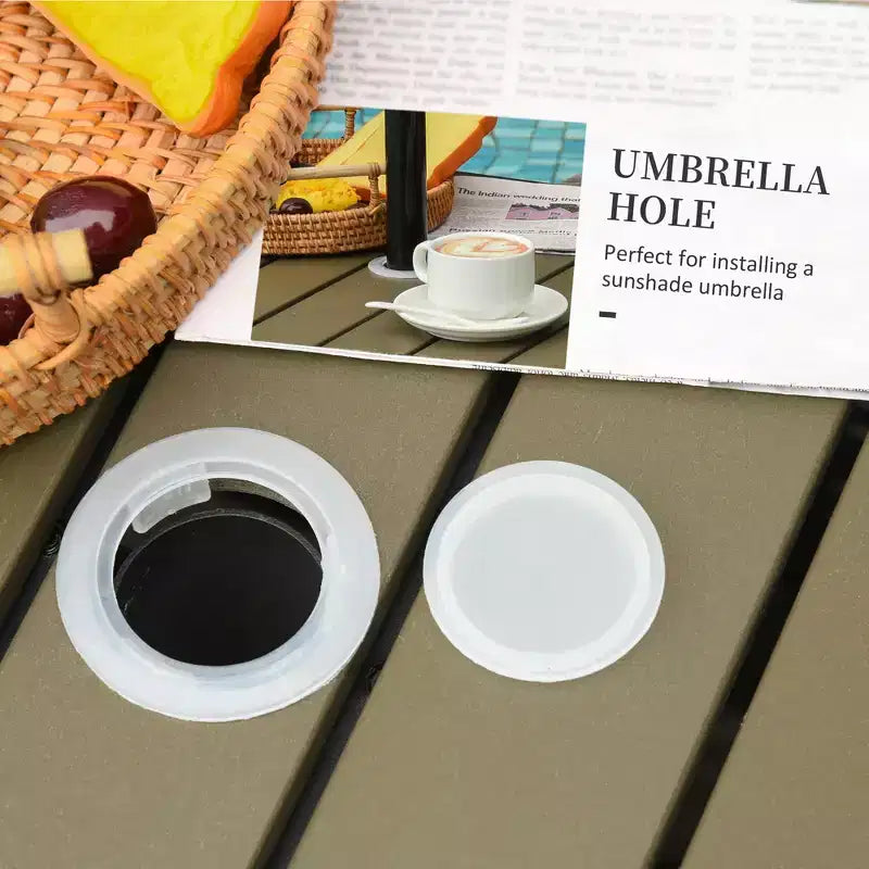 Table d'appoint extérieure de 56 cm avec trou pour parasol, table d'appoint en rotin osier avec sac de sable et cadre en acier pour extérieur, patio, jardin