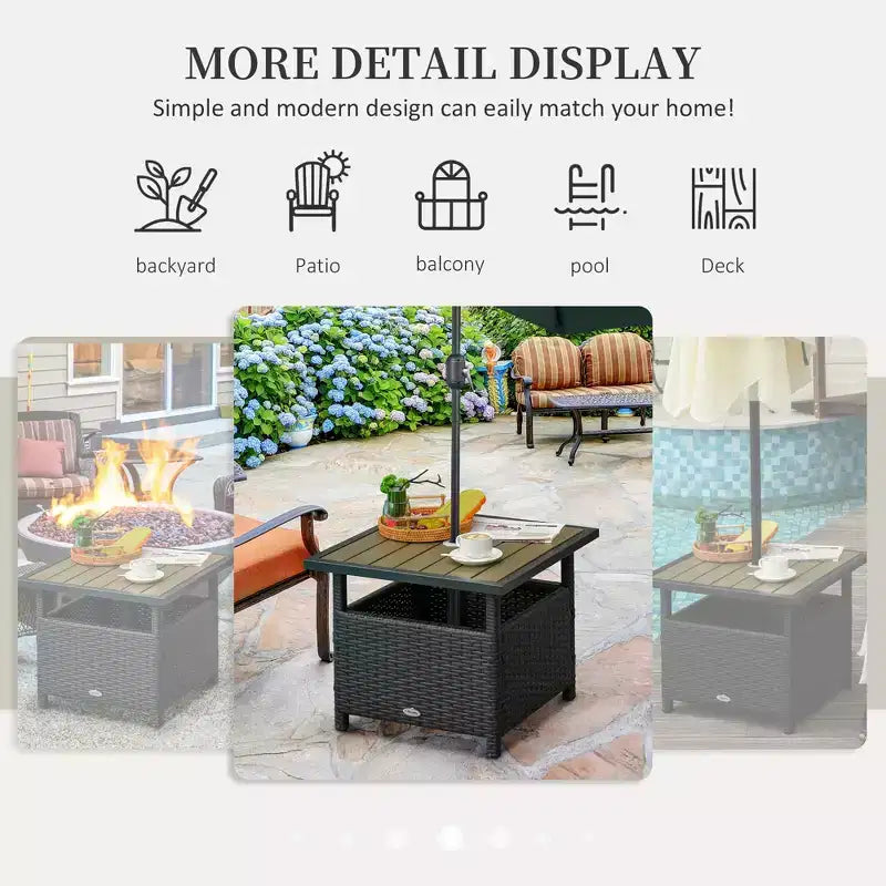 Table d'appoint extérieure de 56 cm avec trou pour parasol, table d'appoint en rotin osier avec sac de sable et cadre en acier pour extérieur, patio, jardin