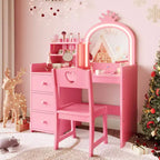 Kids Vanity Desk with Mirror, Princess Wooden Makeup Vanity with Chair, Storage Shelves and Drawers, 2-in-1 Girls Dressing Table