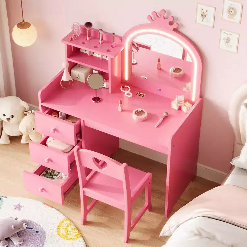 Kids Vanity Desk with Mirror, Princess Wooden Makeup Vanity with Chair, Storage Shelves and Drawers, 2-in-1 Girls Dressing Table