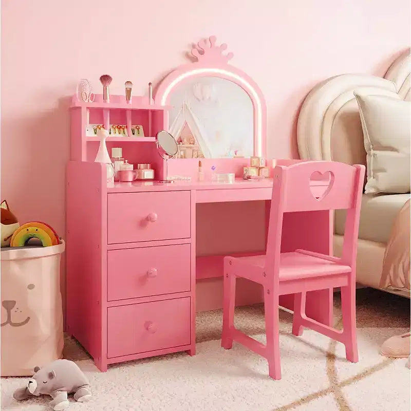 Kids Vanity Desk with Mirror, Princess Wooden Makeup Vanity with Chair, Storage Shelves and Drawers, 2-in-1 Girls Dressing Table